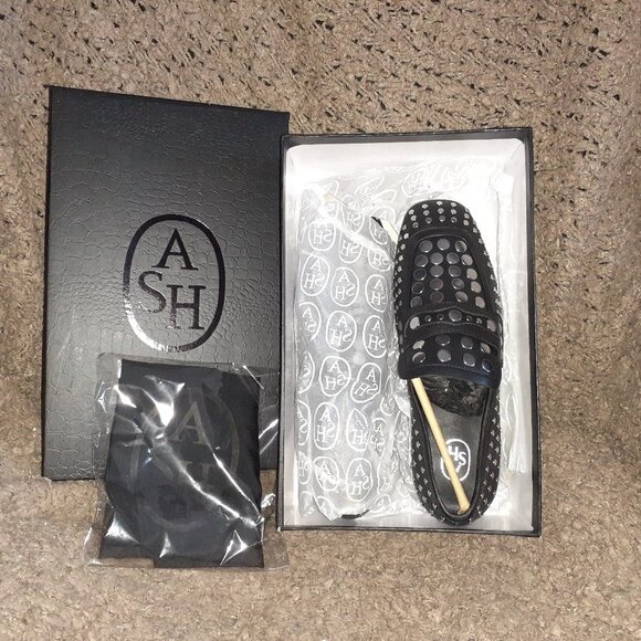 ASH-ONO-Black Leather-Silver Studded Loafers-Size 37-6.5-New In Box/Dustbag - Picture 1 of 9